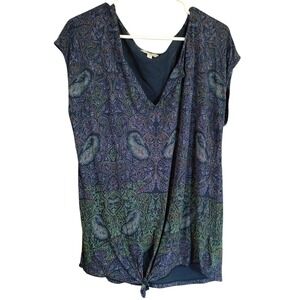 Lucky Brand Peacock Feather Paisley Tee Shirt Tie Front Top Vintage Womens Large